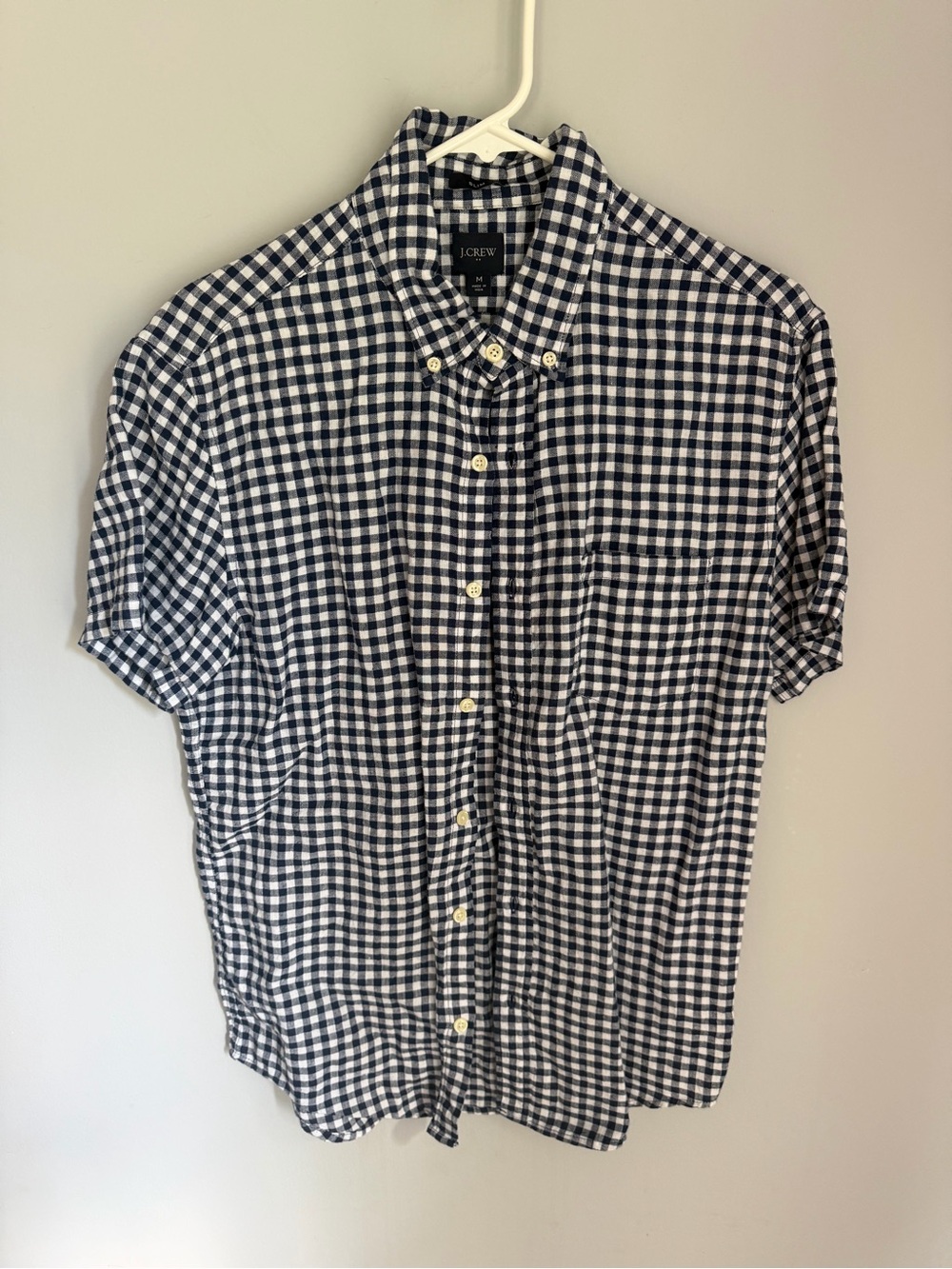 J.Crew Men’s M Gingham Short Sleeve Linen Cotton Shirt Slim Fit Blue White